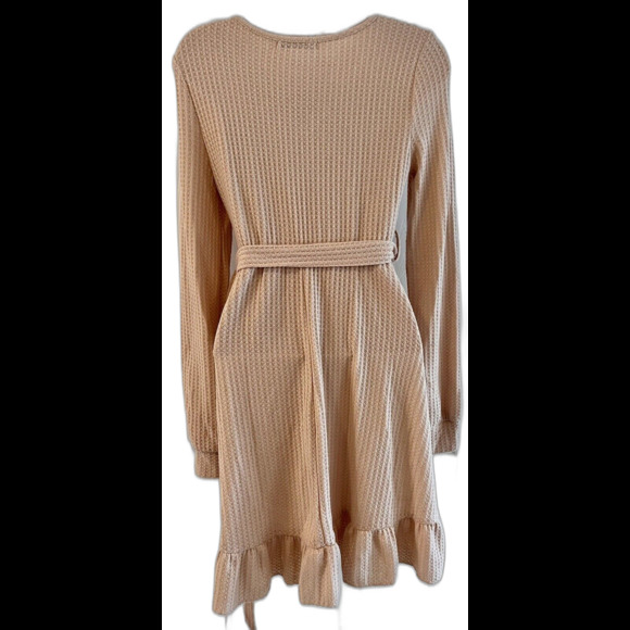 Waffle Knit Belted Ruffle Mini Dress Beige Peach Womens XS Boho Cottage Beachy - Picture 2 of 13